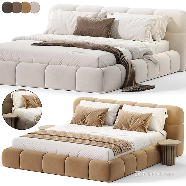 Elegant Upholstered Double Bed With Modern Headboard Soft Pillows And Warm Blanket 3d model 