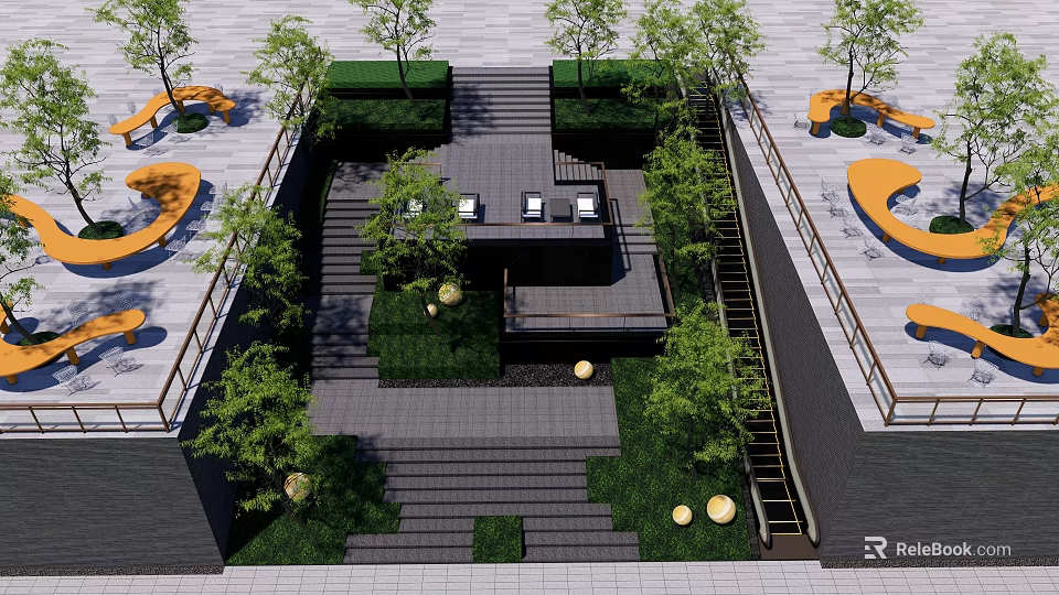 Modern Garden Landscape Design With Steps Green Plants And Lighting Features 3d model
