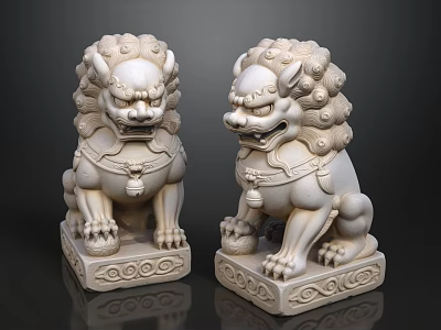 White Stone Lions With Curly Manes Hanging Bells And Intricate Carved Bases 3d model