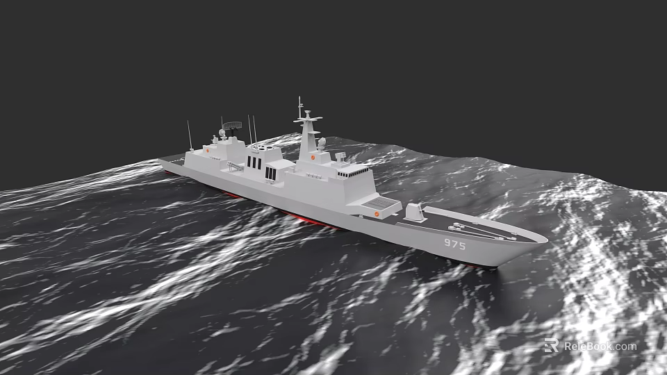Modern Gray Warship Number 975 With Radar And Deck Sailing On Wavy Sea 3d model 