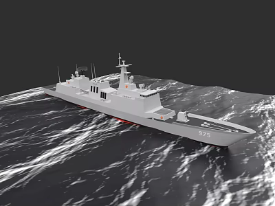 Modern Gray Warship Number 975 With Radar And Deck Sailing On Wavy Sea 3d model