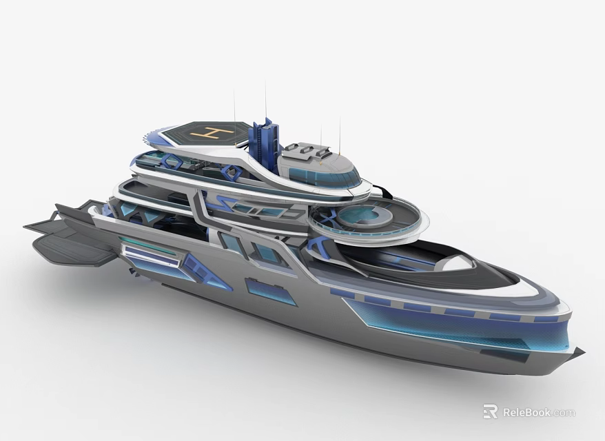 Luxury Modern Yacht With Multi Deck Design Blue Accents And Helipad Area 3d model 