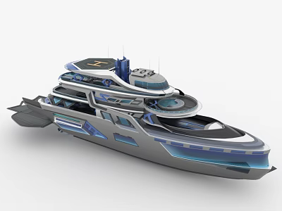 Luxury Modern Yacht With Multi Deck Design Blue Accents And Helipad Area 3d model