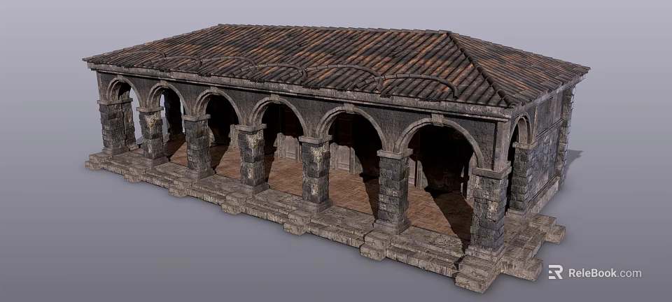 Ancient Stone Colonnade Structure With Arched Doorways And Tile Roof 3d model