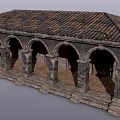 Ancient Stone Colonnade Structure With Arched Doorways And Tile Roof 3d model