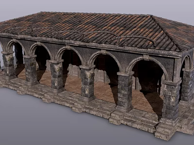 Ancient Stone Colonnade Structure With Arched Doorways And Tile Roof 3d model