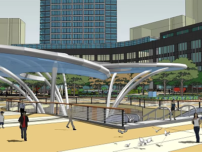 Modern Urban Public Square With White Canopy Structures Pedestrian Walkways And Greenery 3d model