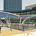 Modern Urban Public Square With White Canopy Structures Pedestrian Walkways And Greenery 3d model