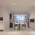 Minimalist Modern Dining and Living Room with Chandelier TV Shelves Round Rug and White Decor