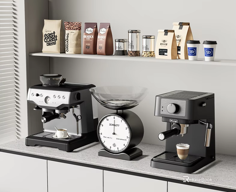 Modern Kitchen Counter With Coffee Machines Scale And Coffee Bags Glass Jars On Shelf 3d model 