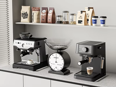 Modern Kitchen Counter With Coffee Machines Scale And Coffee Bags Glass Jars On Shelf 3d model