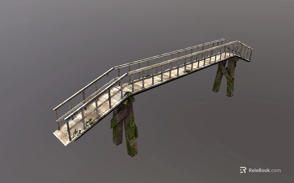 Industrial Pedestrian Bridge Design With Metal Railing And Moss Covered Support Pillars 3d model 