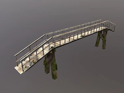Industrial Pedestrian Bridge Design With Metal Railing And Moss Covered Support Pillars 3d model