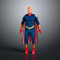 Game Movie Character in Blue Costume with Red Cape Gold Accents and Red Boots