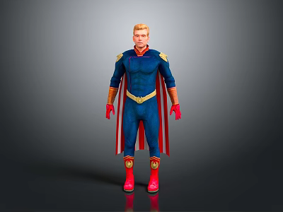 Game Movie Character in Blue Costume with Red Cape Gold Accents and Red Boots 3d model