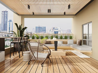 Rooftop Terrace With Wooden Flooring And Slat Ceiling City Skyline Plants Wicker Chair And Sofa 3d model