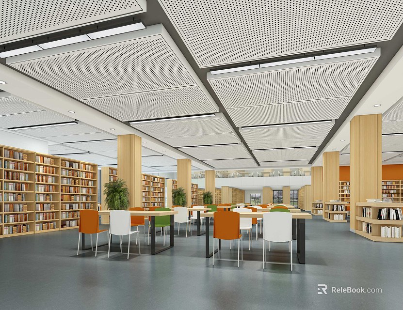 Elegant Library Art Interior Design With Spacious Bookshelves Reading Tables And Ceiling Lights 3d model 