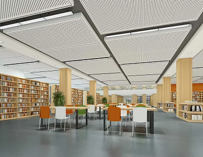 Elegant Library Art Interior Design With Spacious Bookshelves Reading Tables And Ceiling Lights 3d model