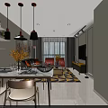 Modern Living Dining Room Interior With Dining Table Sofa Pendant Lights TV And Rug
