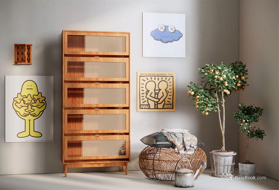 Modern Wooden Storage Cabinet With Glass Doors In Living Room With Decorative Artworks And Green Plants 3d model 