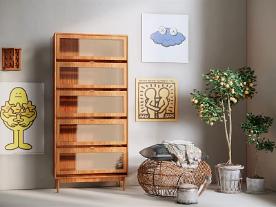 Modern Wooden Storage Cabinet With Glass Doors In Living Room With Decorative Artworks And Green Plants 3d model