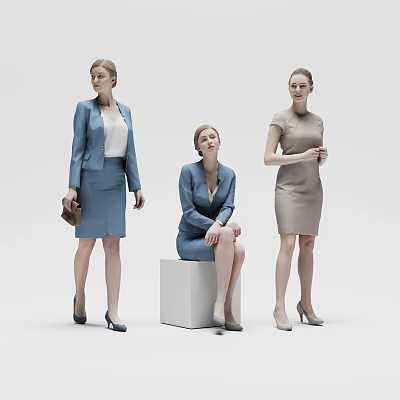 Three Professional Women In Business Attire Standing And Sitting With Elegant Poses 3d model