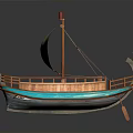 Traditional Wooden Sailing Boat With Tan Sail Wooden Deck And Paddle