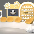 Interactive Zone Interior Design With Yellow Seats Curved Platform Display Shelves And Screen 3d model