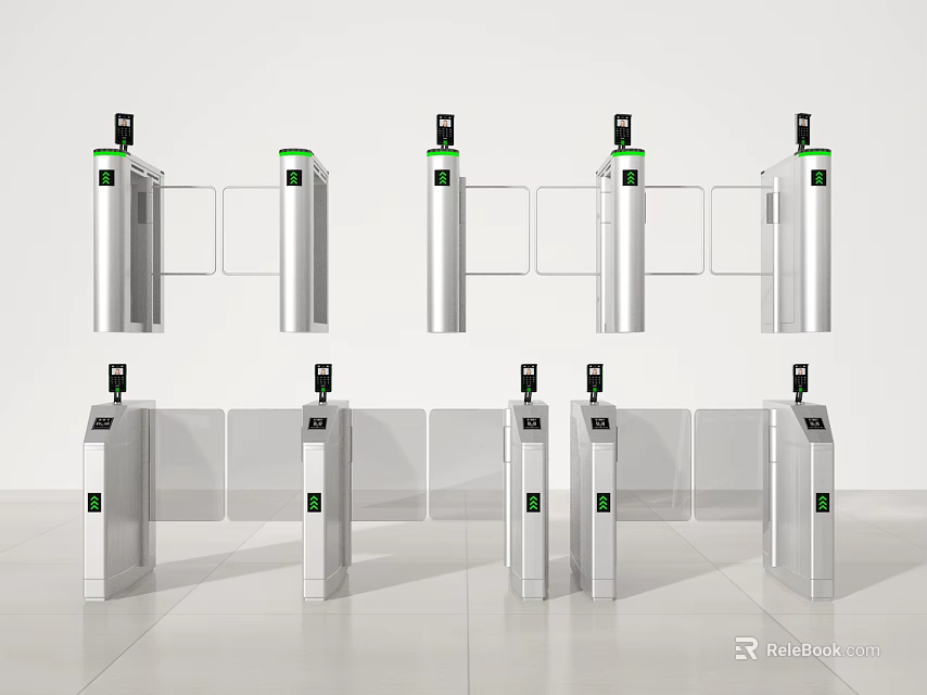 Silver Metal Turnstiles With Green Indicators And Multiple Units For Public Facility 3d model