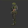 Man In Green Military Armor Standing With Protective Helmet And Gear Pose
