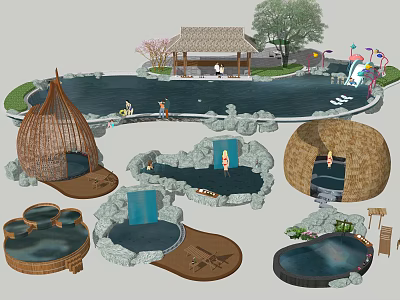 Garden Ornaments with Pond Pavilion Rockery Wicker Structures and Water Features 3d model