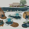 Garden Ornaments with Pond Pavilion Rockery Wicker Structures and Water Features