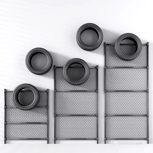 Multiple Black Tires Arranged On Metal Mesh Storage Racks For 3d model 
