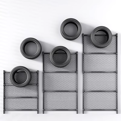Multiple Black Tires Arranged On Metal Mesh Storage Racks For 3d model