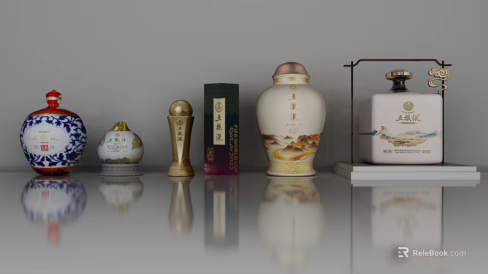 Various Decorative Wine Bottles With Traditional Patterns On Glass Display Shelf 3d model