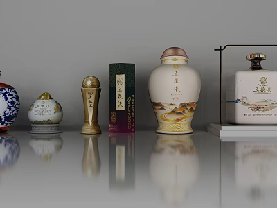 Various Decorative Wine Bottles With Traditional Patterns On Glass Display Shelf 3d model