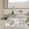Modern Bathroom Washbasin with Patterned Marble Countertop Mirror Vase and Window View 3d model