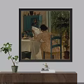Oil Painting Depicting Woman Reading At Table With White Cloth Green Cabinet And Plants