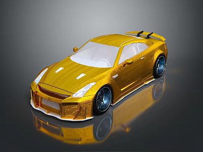 Golden Sports Car 3D Model With Shiny Exterior Black Spoiler And Blue Wheels 3d model