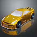 Golden Sports Car 3D Model With Shiny Exterior Black Spoiler And Blue Wheels
