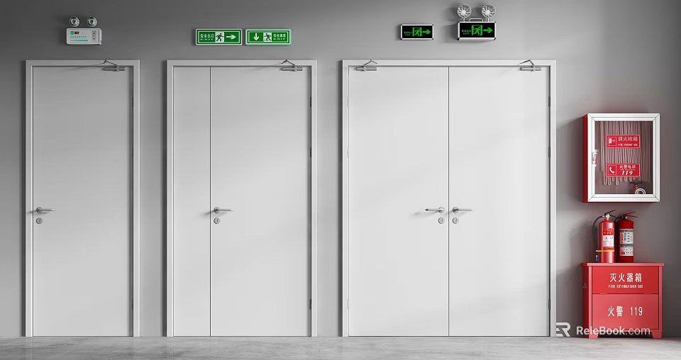 White Fire Doors With Green Exit Signs And Fire Safety Alarm Equipment 3d model 
