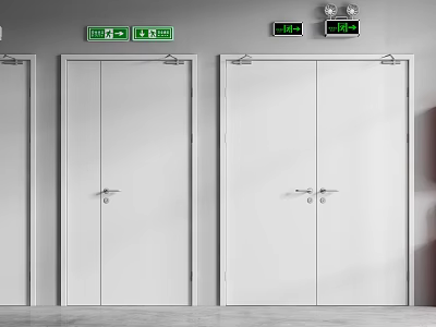 White Fire Doors With Green Exit Signs And Fire Safety Alarm Equipment 3d model