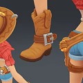 Game Movie Female Characters In Cowboy Style With Animal Doll Chick Dolls On Green Grass