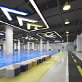 Indoor Training Space With Colorful Ceiling Arrow Signs And Blue Floor