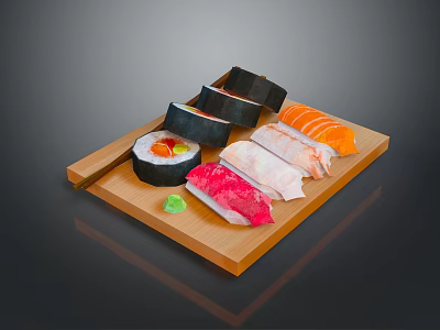 Fresh Assorted Sushi Platter with Salmon Tuna Nigiri and Maki Rolls on Wooden Tray 3d model