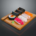 Fresh Assorted Sushi Platter with Salmon Tuna Nigiri and Maki Rolls on Wooden Tray