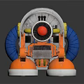 Mechanical Weapon with Red Lens Orange Components White Body and Blue Parts on Round Base