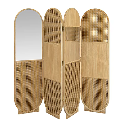Elegant Wooden Folding Room Divider With Rattan Weave And Mirror Panel 3d model