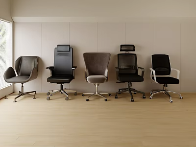 Five Different Styles Office Chairs in Bright Room With Light Wooden Floor and Natural Light 3d model