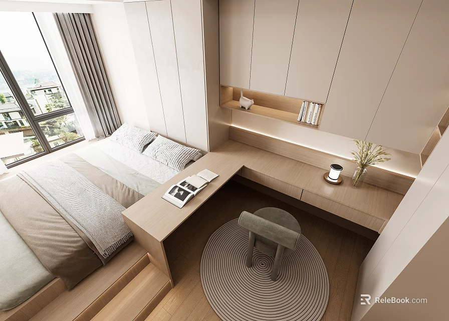 Modern Tatami Bedroom With Bed Desk Cabinet Round Rug And Window 3d model 